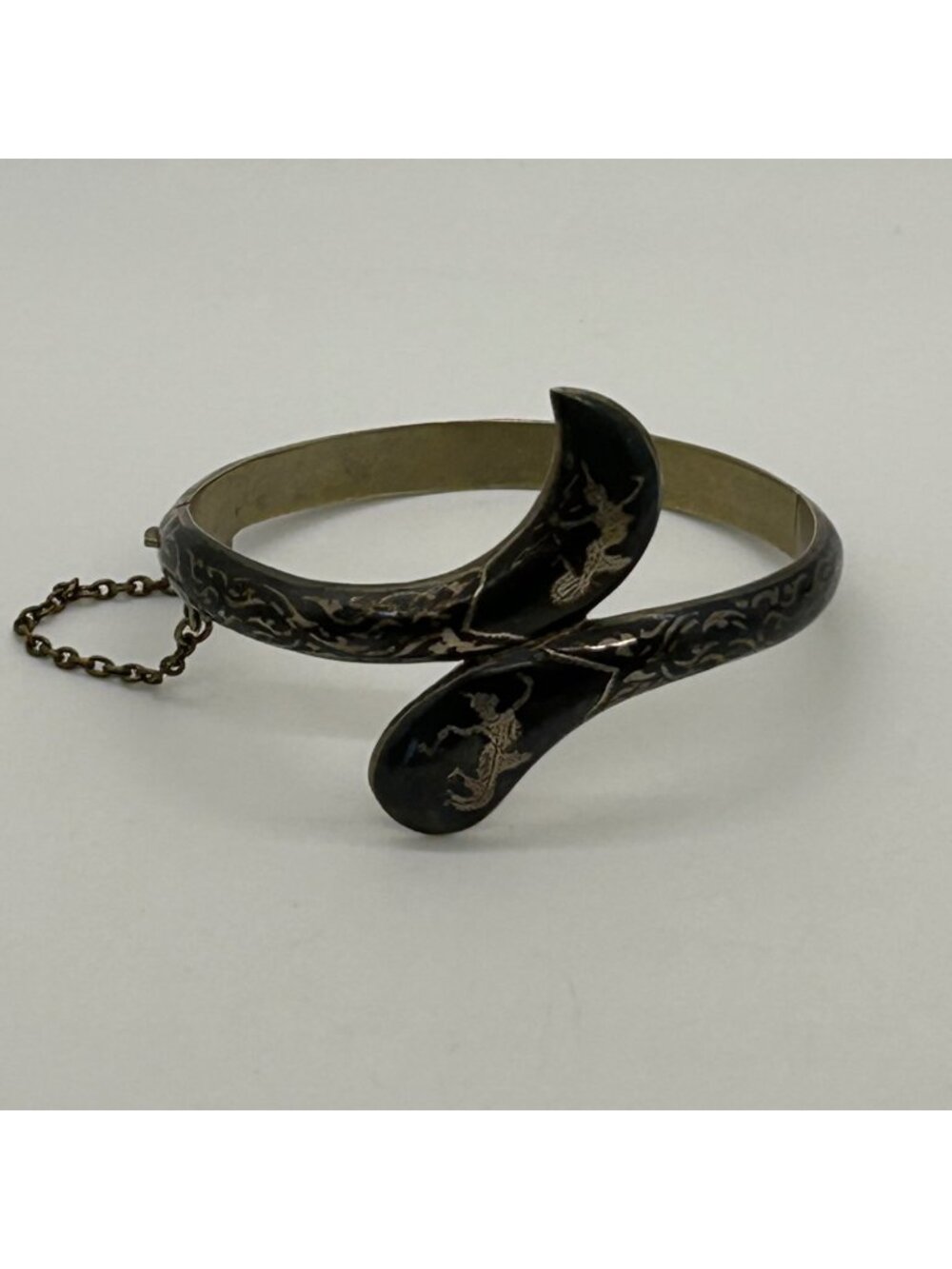 Vintage Siam Niello Bangle Bracelet Thai Black Enamel Hinged Chain Closure